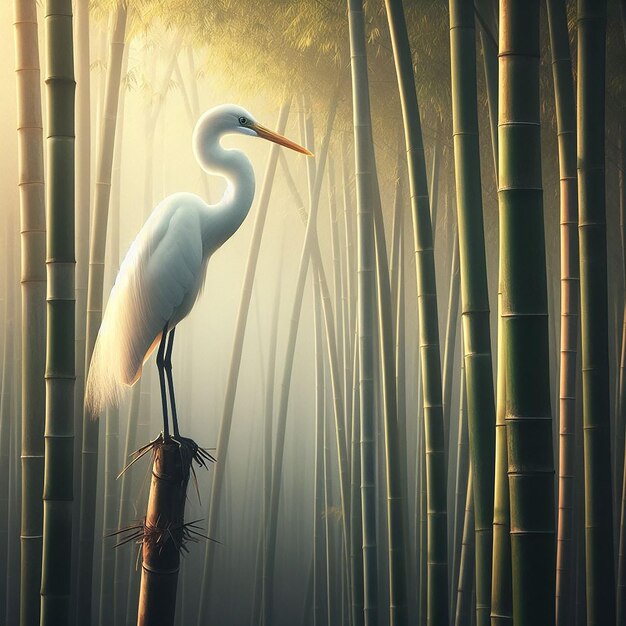 Um belo pássaro egreta intermediário no gerden de bambu gerado pela IA