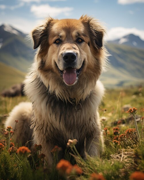 Um belo pastor caucasiano raça de cão sentado em um lugar alto com fundo de montanha