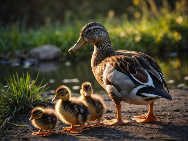 Foto um belo pato com as suas lindas crias.