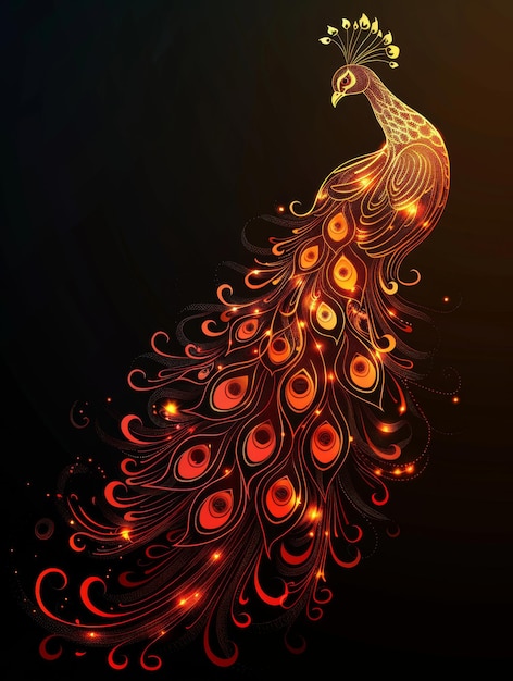 Um belo pavão com penas brilhantes sobre um fundo preto uma criatura mágica feita de fogo