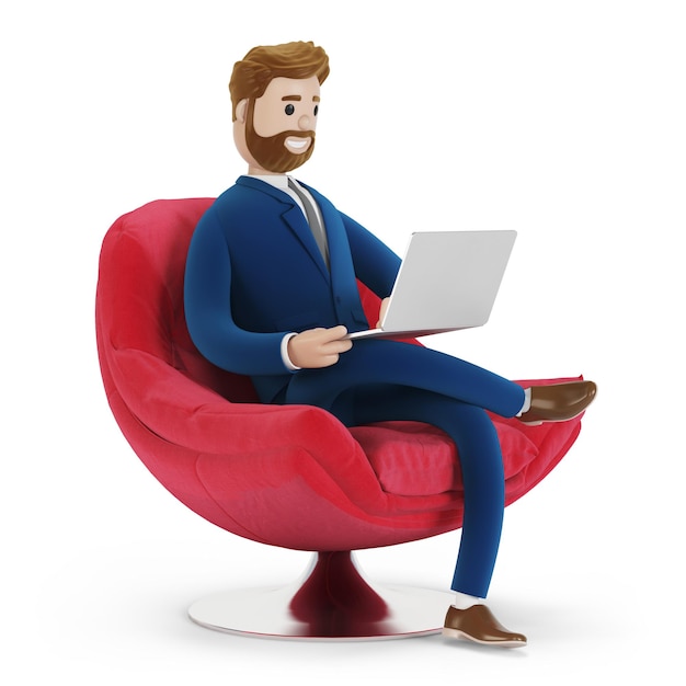 Foto um belo personagem de desenho animado sentado em uma confortável cadeira vermelha com um laptop. empresário barbudo de terno. ilustração 3d.