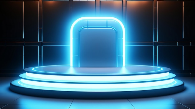 Um belo pódio futurista moderno com iluminação azul néon para apresentação de produtos