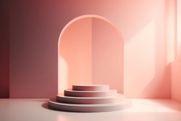 Um belo pódio iluminado pelo sol em tons rosa pastel apresentação de produtos cosméticos ilustração 3D