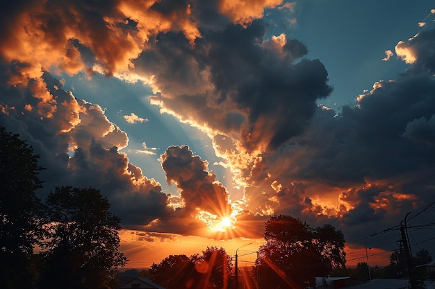 um belo pôr-do-sol com o sol nascendo no céu no estilo de amarelo escuro e bronze claro