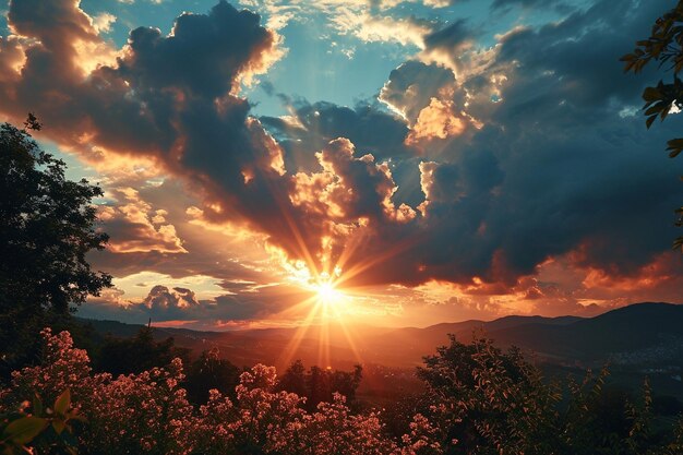 Foto um belo pôr-do-sol com o sol nascendo no céu no estilo de amarelo escuro e bronze claro