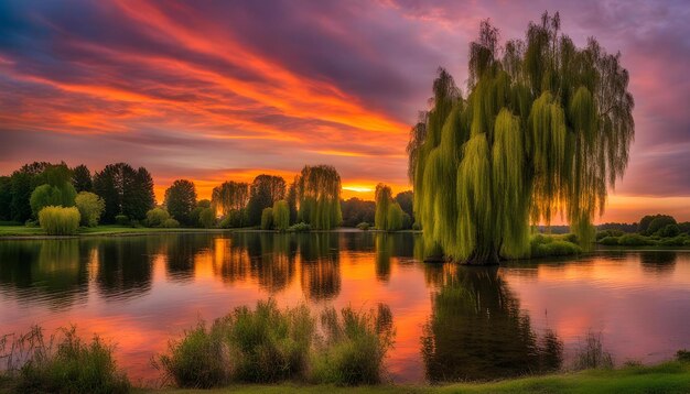 Foto um belo pôr-do-sol com uma árvore e um lago em primeiro plano