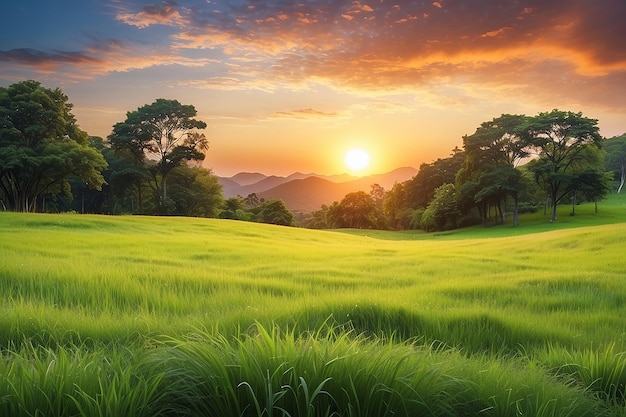Foto um belo pôr-do-sol e grama com fundo natural