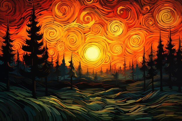 Um belo pôr-do-sol em uma floresta de pinheiros Uma pintura abstrata colorida Paisagem florestal com um céu laranja giratório Um fundo colorido vazio que se assemelha a uma pintura de estilo Van Gogh