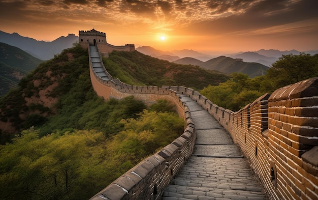 Foto um belo pôr-do-sol na grande muralha da china.