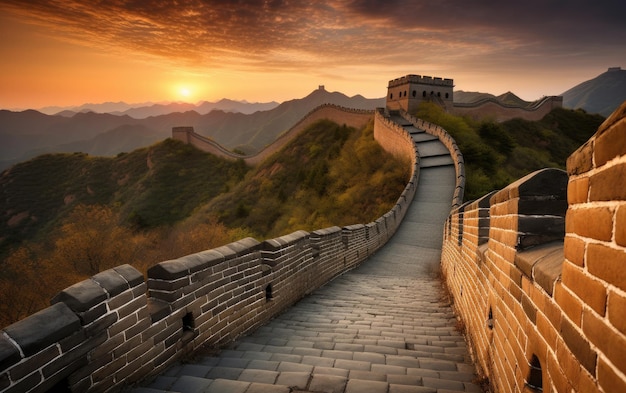 Foto um belo pôr-do-sol na grande muralha da china.