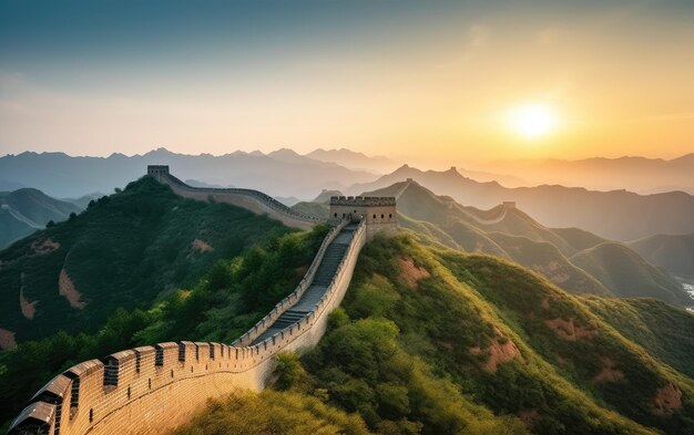 Um belo pôr-do-sol na Grande Muralha da China.