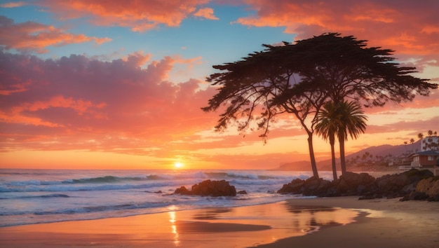 Um belo pôr-do-sol na praia da Califórnia.