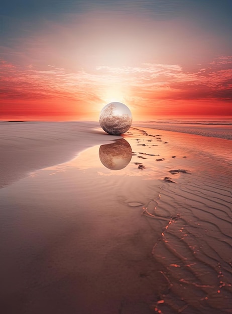 um belo pôr do sol reflete em uma praia de areia branca