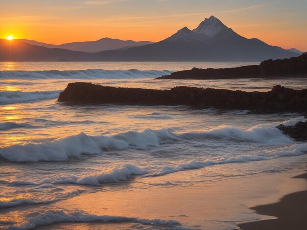 Um belo pôr-do-sol sobre a montanha e a praia