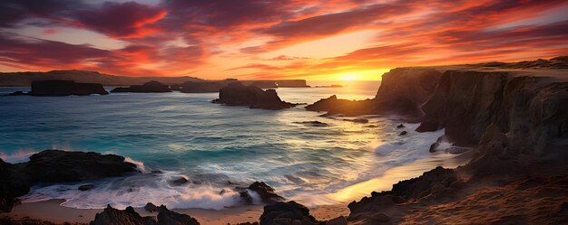 Um belo pôr-do-sol sobre a praia de Playa Papagayo, na ilha de Lanzarote, nas Ilhas Canárias, Espanha