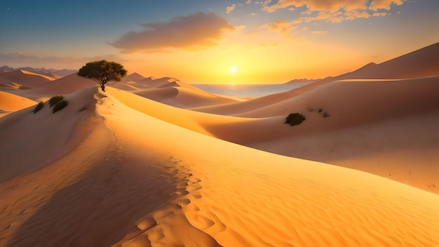 Um belo pôr-do-sol sobre as dunas de areia gerado pela IA.