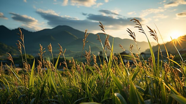 Um belo pôr-do-sol sobre as plantações de chá nas montanhas paisagem