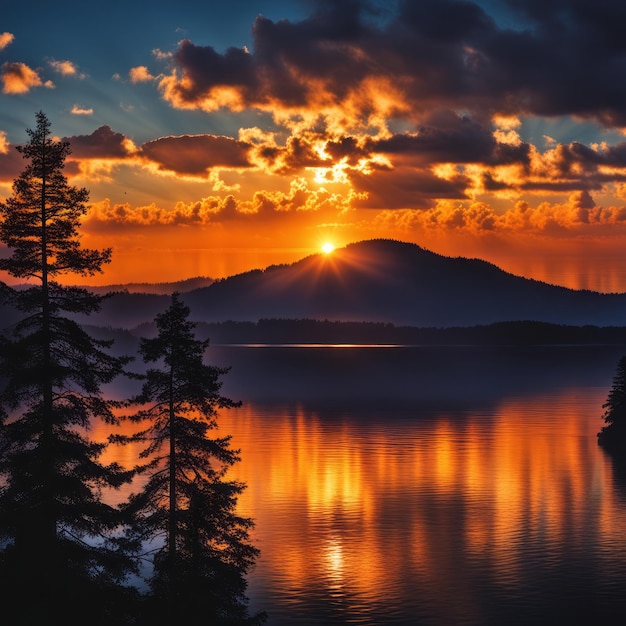 Um belo pôr-do-sol sobre o lago Um belo pór-do- sol sobre o lago
