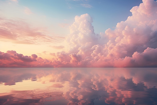 Um belo pôr-do-sol sobre o mar com nuvens refletidas na água.