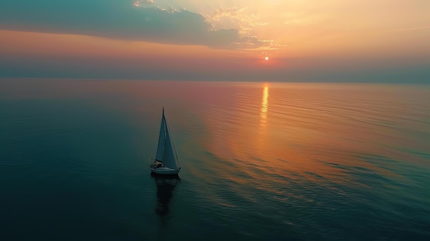Um belo pôr-do-sol sobre o oceano Um veleiro está em primeiro plano com o sol a pôr-se atrás dele