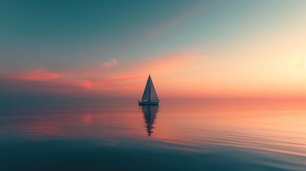 Foto um belo pôr-do-sol sobre o oceano um veleiro solitário está ancorado em primeiro plano