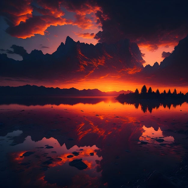 Um belo pôr do sol sobre um lago com montanhas ao fundo