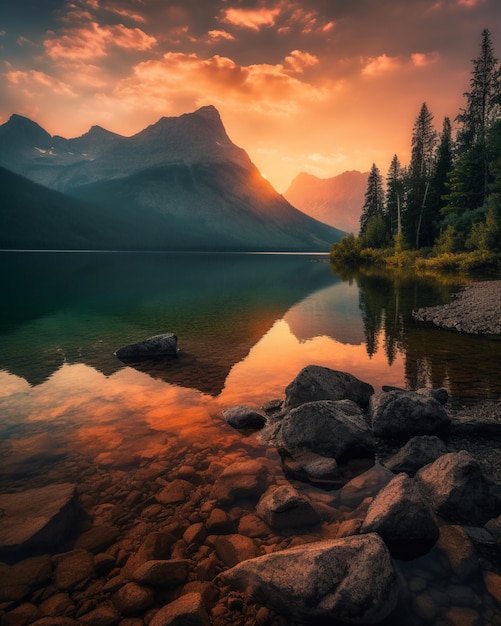 Um belo pôr do sol sobre um lago de montanha com uma montanha ao fundo.