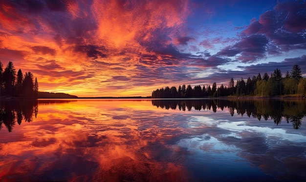 Um belo pôr-do-sol sobre um lago