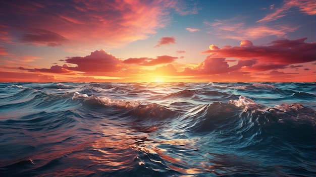 Um belo pôr-do-sol sobre um mar agitado