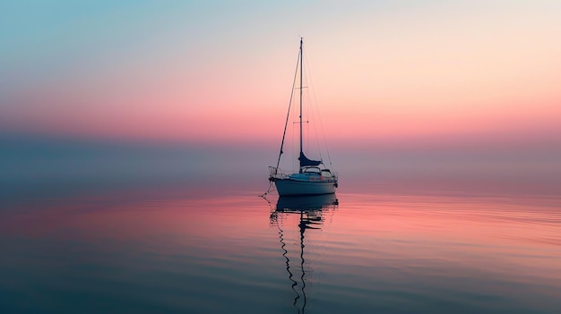 Um belo pôr-do-sol sobre um mar calmo Um veleiro solitário está ancorado em primeiro plano Suas velas refletem as cores quentes do céu