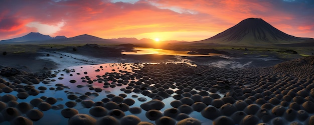 Um belo pôr-do-sol sobre um vulcão na ilha de Lanzarote, foto tirada em 2015