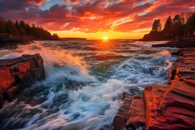 Um belo pôr-do-sol sobre uma costa rochosa com ondas a bater nela.