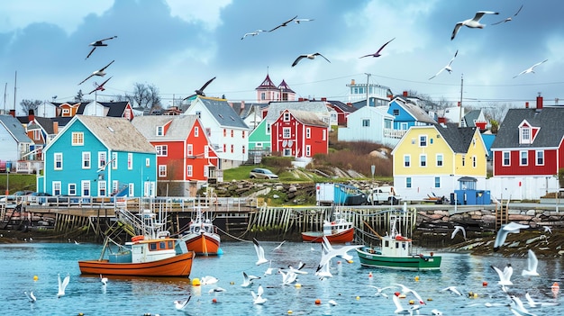 Foto um belo porto com casas coloridas e barcos de pesca o céu é azul e há gaivotas voando ao redor a água é calma e clara