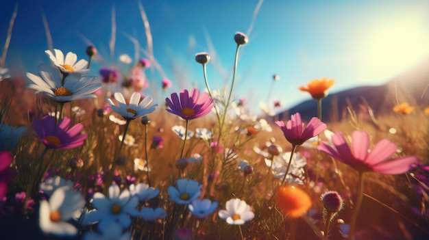 Um belo prado de flores na primavera ou no verão Conceito da natureza IA geradora