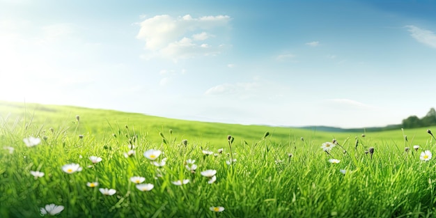 Um belo prado verde com uma perspectiva floral