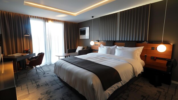 Um belo quarto de hotel com uma cama grande uma área de estar e uma secretária O quarto é decorado em cores quentes e tem uma sensação moderna