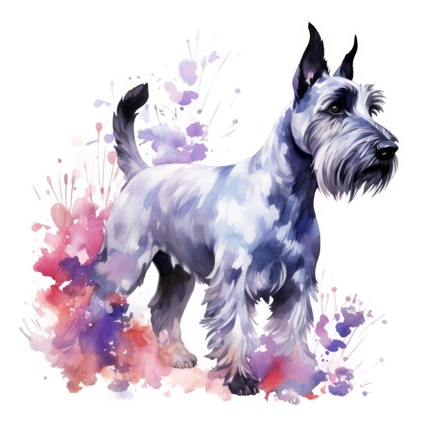 Um belo retrato de aquarela floral de um terrier escocês, com o corpo inteiro em um fundo branco