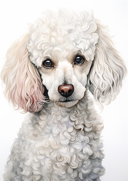 Um belo retrato de um caniche branco com cabelo rosa e cinza