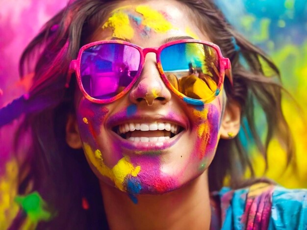 Foto um belo retrato de um menino sorridente e uma menina usando óculos de sol cobertos com holi ai generat