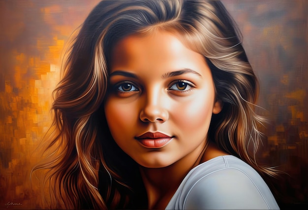 Foto um belo retrato de uma menina em óleo em lona