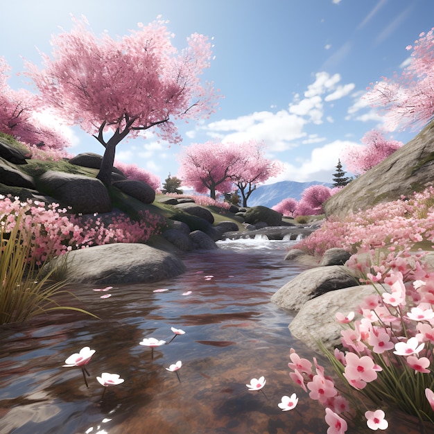 Um belo riacho com flores de cerejeira em plena floração