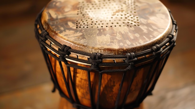 Um belo tambor de djembe feito de madeira e couro com um desenho único queimado na superfície