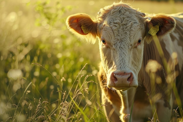 Um belo touro Brangus pastando em um campo de fazenda exuberante com gado e natureza ao seu redor