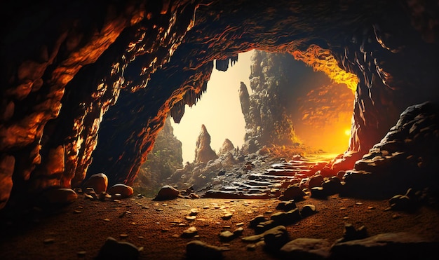Um belo túnel de caverna com impressionantes formações rochosas