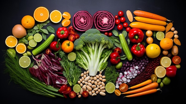 Um belo vegetariano escrito em frutas e legumes coloridos