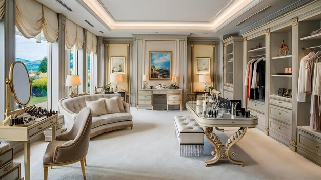 Foto um belo vestiário grande e brilhante numa casa de luxo.