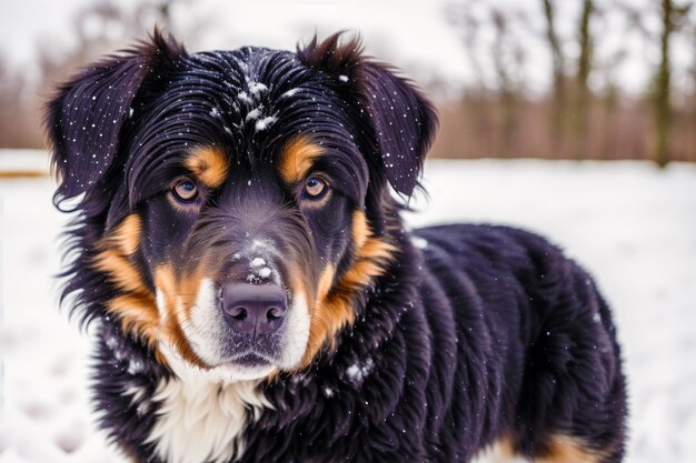 Um bernese mountain dog na neve