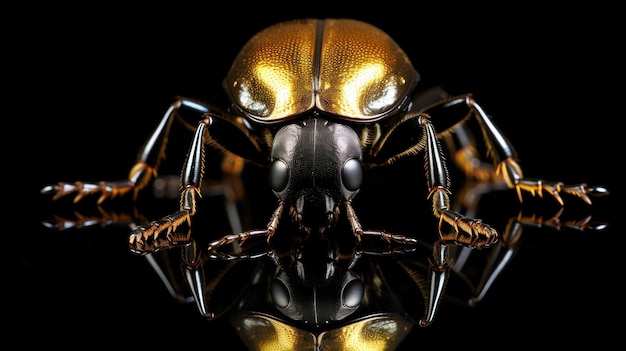 Foto um besouro com coloração dourada e preta em seu corpo ai