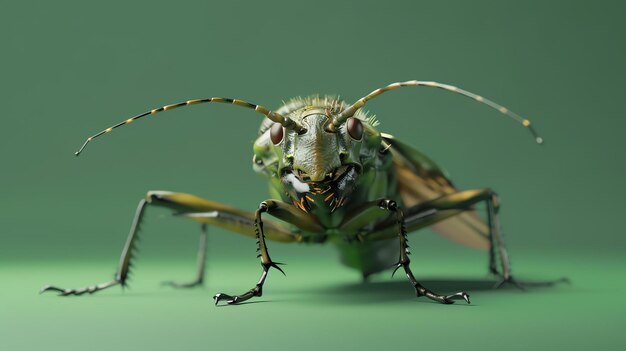 Foto um besouro verde com longas antenas está sentado em uma folha verde o besouro está olhando para a câmera seu corpo é brilhante e suas asas estão dobradas