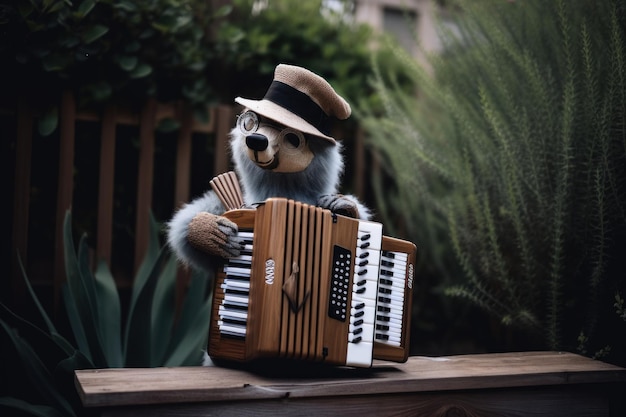 Um bicho de pelúcia tocando acordeão em um banco de madeira Imagem generativa de IA